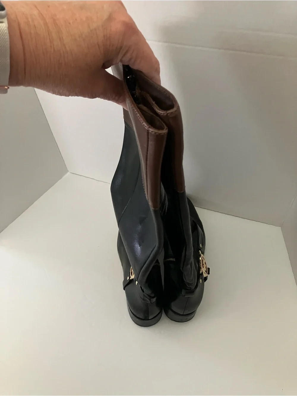 Michael Kors Black Leather Over-the-Knee Boots with Brown Cuff